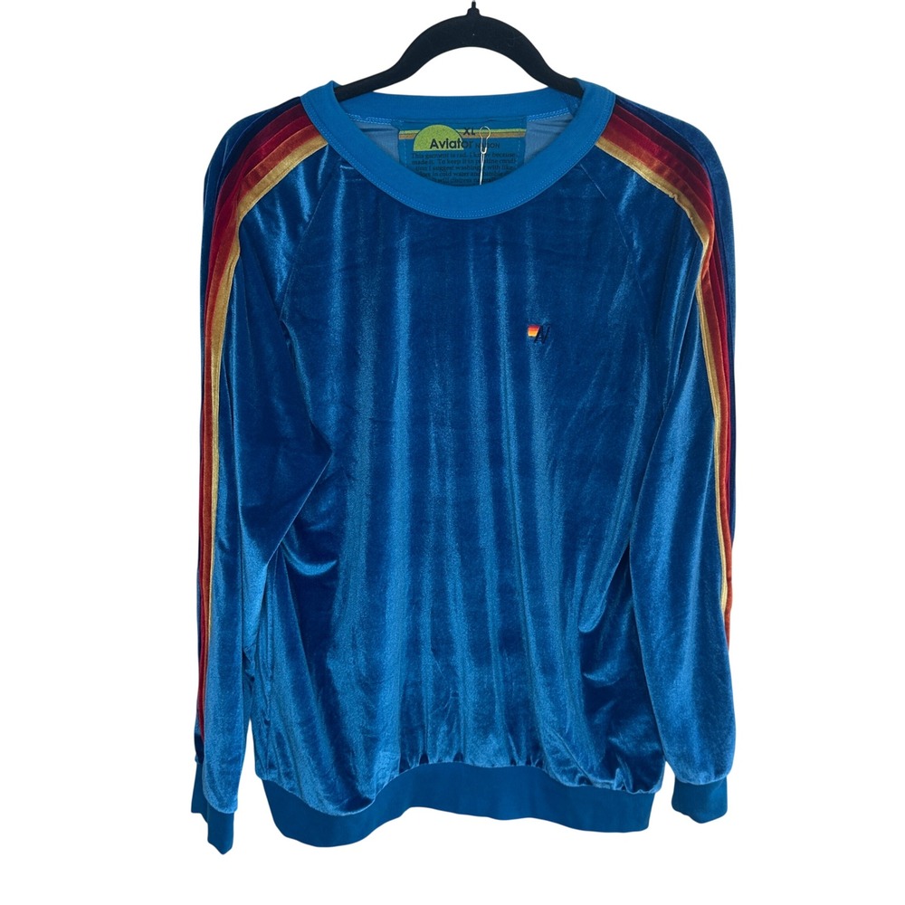 Aviator Nation Blue Velvet Rainbow Stripe Sleeve Sweatshirt XL Pullover Crewneck